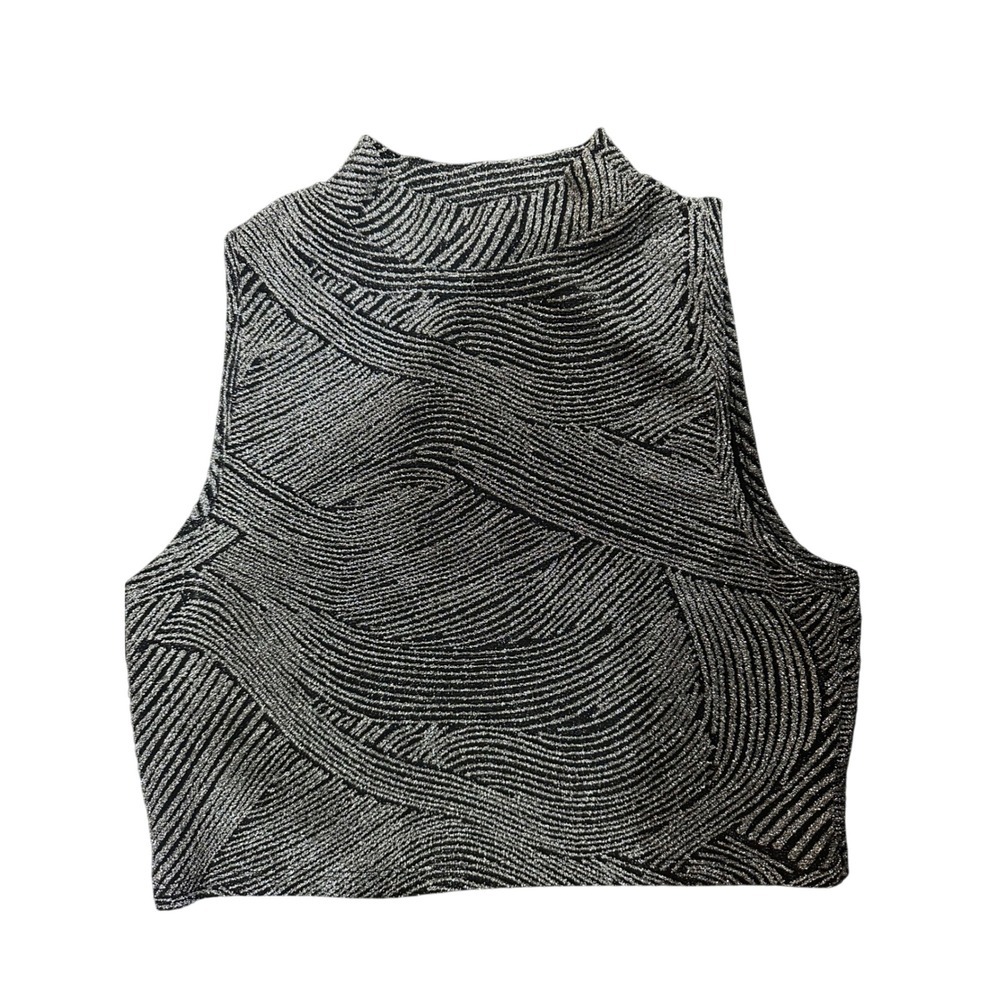 Steve Madden Silver Metallic Abstract Swirl Mock Neck Crop Top NM037AV61 Large